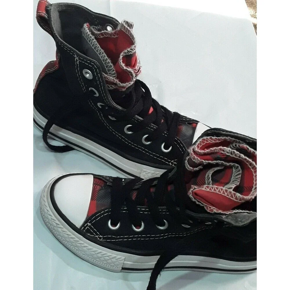 Converse Sneakers, All Star Chuck Taylor High Top Black with Plaid. Rare.